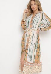 Beżowa Sukienka Koszulowa z Mozaikowym Wzorem i Wiązanym Paskiem Lilimea. Brązowe sukienki damskie Born2be, na co dzień, l, bez wzorów, z jeansu, eleganckie, bez kołnierzyka, bez ramiączek, koszulowe. Za 69.99 zł.