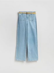 Jeansy wide leg z paskiem - niebieski. Niebieskie jeansy damskie Reserved, bez wzorów, z bawełny. Za 129.99 zł.