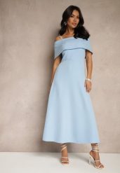 Niebieska Rozkloszowana Sukienka na Ramiączkach z Wywiniętym Dekoltem Jenavitia. Niebieskie sukienki damskie Renee, na imprezę, m, bez wzorów, eleganckie, bez kołnierzyka, bez ramiączek, midi, rozkloszowane. Za 99.99 zł.