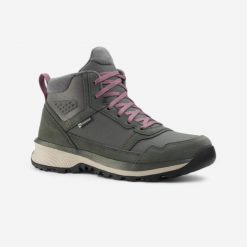 Buty turystyczne damskie Quechua NH500 skóra wodoodporne. Szare obuwie trekkingowe damskie QUECHUA, ze skóry, przed kolano, bez zapięcia. Za 269.99 zł.
