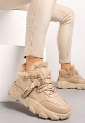 Ciemnobeżowe Sneakersy Przed Kostkę na Płaskiej Grubej Podeszwie z Ociepleniem ze Sztucznego Futerka Borrolla. Brązowe obuwie sportowe damskie Renee, na zimę, bez wzorów, bez zapięcia. Za 109.99 zł.