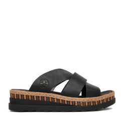 Klapki Rieker. Czarne klapki damskie Rieker, bez wzorów, bez obcasa, bez zapięcia. Za 299.99 zł.