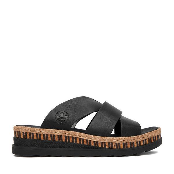 Klapki Rieker. Czarne klapki damskie Rieker, bez wzorów, bez obcasa, bez zapięcia. Za 299.99 zł.