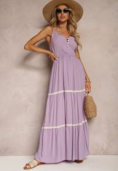 Fioletowa Sukienka Zapinana na Guziki na Ramiączkach z Gumką w Talii i Falbanką Tiamalia. Fioletowe sukienki damskie Renee, na imprezę, l, bez wzorów, eleganckie, bez kołnierzyka, bez ramiączek, maxi. Za 39.99 zł.