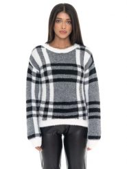 Bluza Leone 1947 Glam Winter Damen Karo Rundhalspullover z Logo-Etikett. Czarne bluzy damskie LEONE 1947 APPAREL, m, bez wzorów, z tkaniny, bez ramiączek, bez kaptura. Za 412.58 zł.