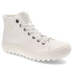 Białe Sneakersy Big Star Damskie Wygodne Buty. Białe obuwie sportowe damskie BIG STAR, na wiosnę, z aplikacjami, z materiału, bez zapięcia. Za 119.00 zł.