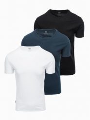 Zestaw męskich t-shirtów bawełnianych BASIC z okrągłym dekoltem – czarny/biały/granatowy V1 OM-TSBS-0232 - XXL. Białe t-shirty męskie Ombre Clothing, l, bez wzorów, z bawełny, bez kołnierzyka, bez ramiączek. Za 89.99 zł.