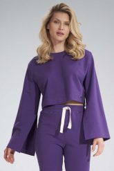 Krótka Bawełniana Bluza z Szerokim Rozciętym Rękawem - Fioletowa. Fioletowe bluzy damskie Figl, s, bez wzorów, z bawełny, bez ramiączek, bez kaptura. Za 209.00 zł.