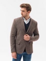 Marynarka męska casual - brązowa V3. Brązowe garnitury męskie Ombre Clothing, l, bez wzorów, z bawełny, casualowe, bez kołnierzyka, bez ramiączek. W wyprzedaży za 119.99 zł.