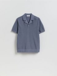 Strukturalny sweter polo - granatowy. Niebieskie swetry męskie Reserved, l, bez wzorów, z bawełny, bez kołnierzyka, bez ramiączek. Za 119.99 zł.