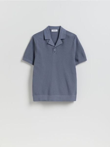 Ażurowy sweter polo - granatowy. Niebieskie swetry męskie Reserved, l, w ażurowe wzory, z bawełny, bez kołnierzyka, bez ramiączek. W wyprzedaży za 59.99 zł.