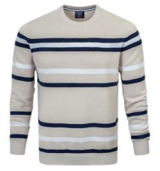 Sweter z Dzianiny Bawełnianej - w Paski - Pako Jeans - Beżowy. Brązowe swetry męskie Pako Jeans, l, bez wzorów, z bawełny, eleganckie, bez kołnierzyka, bez ramiączek. Za 169.00 zł.