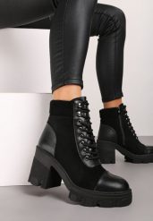 Czarne Botki na Obcasie z Platformą Ozdobione Wstawkami Ezilda. Czarne botki damskie Renee, bez wzorów, z jeansu, eleganckie, bez obcasa, na obcasie, bez zapięcia. Za 159.99 zł.