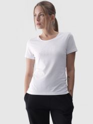 4F T-shirt slim z nadrukiem damski - biały M. Białe t-shirty damskie 4F, m, bez wzorów, z bawełny, klasyczne, bez kołnierzyka, bez ramiączek. Za 59.99 zł.
