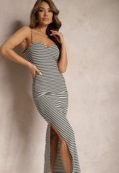 Czarno-Biała Sukienka Bodycon z Regulowanymi Ramiączkami i Wzorem w Paseczki Jalilena. Czarne sukienki damskie Renee, na co dzień, uniwersalny, z aplikacjami, eleganckie, bez kołnierzyka, bez ramiączek, maxi, bodycon. Za 59.99 zł.
