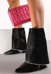 Czarne Botki na Słupku z Wywiniętą Cholewką w Cyrkonie Vabane. Czarne botki damskie Renee, bez wzorów, z jeansu, bez obcasa, na obcasie, bez zapięcia. Za 134.99 zł.