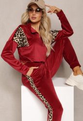 Bordowy Komplet Dresowy z Weluru z Krótką Bluzą i Spodniami Joggerami z Panterkowym Wzorem Limitta. Czerwone bluzy damskie Renee, m, bez wzorów, z dresówki, bez ramiączek, bez kaptura. Za 69.99 zł.