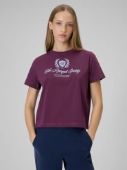 4F T-shirt boxy z nadrukiem damski - fioletowy M. Fioletowe t-shirty damskie 4F, m, bez wzorów, z bawełny, bez kołnierzyka, bez ramiączek. Za 69.99 zł.