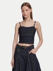 Guess Top W6YH15 D1351 Granatowy Slim Fit. Niebieskie topy damskie Guess, xl, z aplikacjami, z jeansu, bez kołnierzyka, bez ramiączek. Za 474.99 zł.