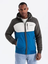 Kolorowa lekka męska kurtka sportowa z polarem – niebiesko-grafitowa V2 OM-JANP-0194 - XXL. Niebieskie kurtki sportowe męskie Ombre Clothing, l, bez wzorów, z materiału, bez kaptura. W wyprzedaży za 199.99 zł.