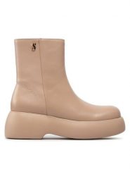 Simple Botki SL-26-02-000039 Beżowy. Brązowe botki damskie SIMPLE, bez wzorów, ze skóry, bez obcasa, na koturnie, bez zapięcia. Za 479.99 zł.