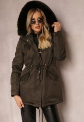 Ciemnozielona Kurtka Parka z Kapturem i Ozdobnym Futerkiem Dioneta. Zielone kurtki damskie Renee, na zimę, l, bez wzorów, z materiału, z kapturem. Za 259.99 zł.