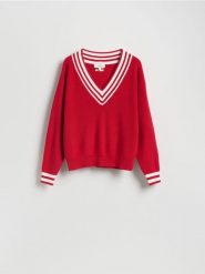 Sweter z lnem - czerwony. Czerwone swetry nierozpinane damskie Reserved, l, bez wzorów, z bawełny, bez kołnierzyka, bez ramiączek. Za 199.99 zł.