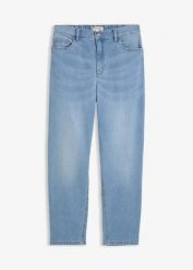 Jeansy o kroju mom, high waist, o skróconej długości. Niebieskie jeansy damskie bonprix, bez wzorów, z jeansu, z podwyższonym stanem. Za 117.99 zł.