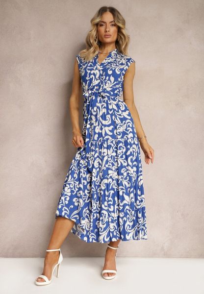 Granatowo-Biała Wiskozowa Sukienka z Gumką w Talii i Materiałowym Paskiem Zapinana na Guziki Viealia. Niebieskie sukienki damskie Renee, na co dzień, l, bez wzorów, z jeansu, eleganckie, bez kołnierzyka, bez ramiączek, midi. Za 99.99 zł.