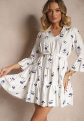 Biała Rozkloszowana Sukienka z Wiskozą Zdobiona Haftem i Falbanami Aliorra. Białe sukienki damskie Renee, na co dzień, l, z aplikacjami, z bawełny, eleganckie, bez kołnierzyka, bez ramiączek, mini, proste. Za 129.99 zł.