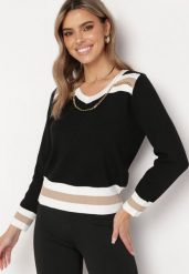 Czarny Sweter ze Ściągaczami i Ozdobnym Metalowym Łańcuszkiem przy Dekolcie Larti. Czarne swetry nierozpinane damskie Born2be, bez wzorów, z jeansu, eleganckie, bez kołnierzyka, bez ramiączek. Za 59.99 zł.