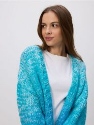 Wzorzysty kardigan - turkusowy. Niebieskie kardigany damskie Reserved, l, bez wzorów, z dzianiny, bez kołnierzyka. W wyprzedaży za 89.99 zł.