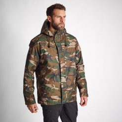 Kurtka Solognac Warm 100 WTP camo woodland. Zielone kurtki męskie SOLOGNAC, na zimę, uniwersalny, bez wzorów, z materiału, sportowe, bez kaptura. Za 229.99 zł.