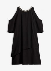 Sukienka koszulowa. Czarne sukienki damskie bonprix, z aplikacjami, z szyfonu, eleganckie, bez kołnierzyka, bez ramiączek, koszulowe. Za 239.99 zł.