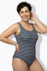 Damskie Strój kąpielowy prążki bez miękkich miseczek okrągły dekolt. Niebieskie stroje kąpielowe damskie Ulla Popken, plus size, bez wzorów, z elastanu. Za 191.99 zł.