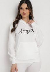 Biała Bluza z Kapturem Napisem i Kangurkową Kieszenią Adrippa. Białe bluzy damskie Born2be, l, bez wzorów, casualowe, bez ramiączek, z kapturem. Za 79.99 zł.