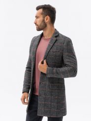 Jednorzędowy płaszcz męski w kratę - czarny V2 C500 - XL. Czarne płaszcze męskie Ombre Clothing, l, bez wzorów, z poliesteru, bez kołnierzyka, bez kaptura. W wyprzedaży za 199.99 zł.