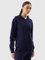 4F Bluza dresowa rozpinana z kapturem damska - granatowa M. Niebieskie bluzy damskie 4F, m, bez wzorów, z bawełny, sportowe, bez ramiączek, z kapturem. W wyprzedaży za 59.99 zł.