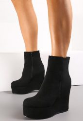 Czarne Botki na Koturnie z Wysoką Platformą z Imitacji Zamszu Morrena. Czarne botki damskie Renee, bez wzorów, bez obcasa, na koturnie, bez zapięcia. Za 79.99 zł.