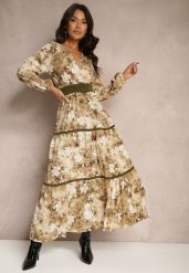 Beżowa Sukienka Rozkloszowana z Kopertowym Dekoltem Falbanami i Paskiem Fezisha. Brązowe sukienki damskie Renee, na co dzień, l, bez wzorów, eleganckie, bez kołnierzyka, bez ramiączek, maxi, kopertowe. Za 109.99 zł.