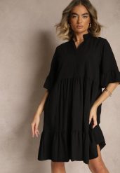 Czarna Rozkloszowana Sukienka z Wiskozą i Falbanami Eviranna. Czarne sukienki damskie Renee, na co dzień, na lato, bez wzorów, z wiskozy, eleganckie, bez kołnierzyka, bez ramiączek, midi, rozkloszowane. Za 59.99 zł.