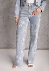 Niebieskie Szerokie Jeansy z Bawełną w Kwiaty Zinnetta. Niebieskie jeansy damskie Renee, bez wzorów, z bawełny, z podwyższonym stanem. Za 129.99 zł.