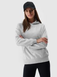 4F Bluza dresowa nierozpinana z kapturem damska - szara S. Szare bluzy damskie 4F, s, bez wzorów, z bawełny, sportowe, bez ramiączek, z kapturem. Za 149.99 zł.