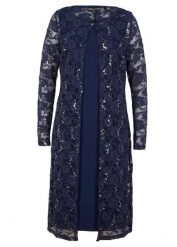 Sukienka z koronką (2 części). Niebieskie sukienki damskie bonprix, bez wzorów, z koronki, bez kołnierzyka, bez ramiączek. Za 249.99 zł.