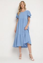 Jasnoniebieska Sukienka o Rozkloszowanym Kroju z Wiskozą Filastia. Niebieskie sukienki damskie Born2be, na co dzień, l, bez wzorów, z wiskozy, eleganckie, bez kołnierzyka, bez ramiączek, midi, rozkloszowane. Za 69.99 zł.