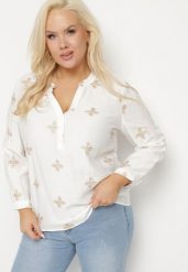 Biała Koszula z Wiskozą Zdobiona Haftem z Metaliczną Nicią Parlivia. Białe koszule damskie Born2be, plus size, z aplikacjami, z jeansu, eleganckie, bez kołnierzyka, bez ramiączek. Za 84.99 zł.