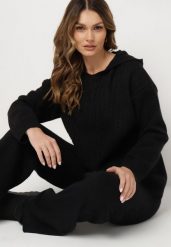Czarny Dzianinowy Komplet z Bawełną Sweter z Kapturem Szerokie Spodnie Sianira. Czarne swetry nierozpinane damskie Born2be, bez wzorów, z bawełny, eleganckie, bez kołnierzyka, bez ramiączek. Za 149.99 zł.