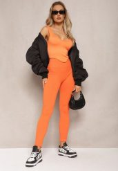 Pomarańczowe Legginsy High Waist Prążkowane Push-Up Sunflowia. Brązowe legginsy damskie Renee, bez wzorów, z dzianiny. Za 44.99 zł.