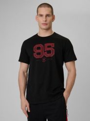 4F T-shirt regular z nadrukiem męski - czarny L. Czarne t-shirty męskie 4F, l, bez wzorów, z bawełny, bez kołnierzyka, bez ramiączek. Za 69.99 zł.