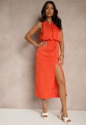 Pomarańczowa Elegancka Sukienka z Marszczeniem Rinastia. Brązowe sukienki damskie Renee, l, bez wzorów, eleganckie, bez kołnierzyka, bez ramiączek, maxi. Za 99.99 zł.
